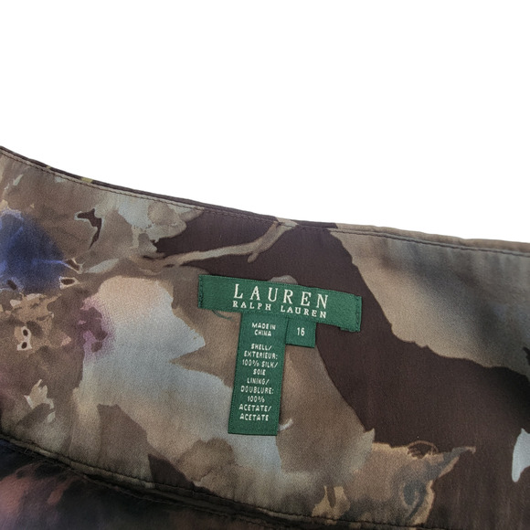 Lauren by Ralph Lauren 100% Silk Brown Cream & Blue Floral Skirt - Size 16 - Picture 3 of 3